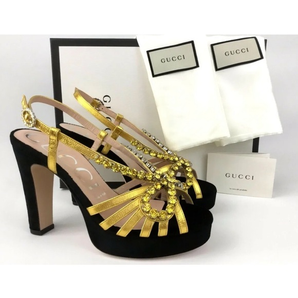 GUCCI Zephyra Crystal Embellished Ankle Strap Sandals Block Heel pump 38.5 sz 8 - Picture 5 of 15